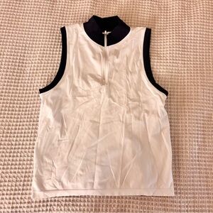Athleta White Sleeveless Zip-Front Tank with Black Trim